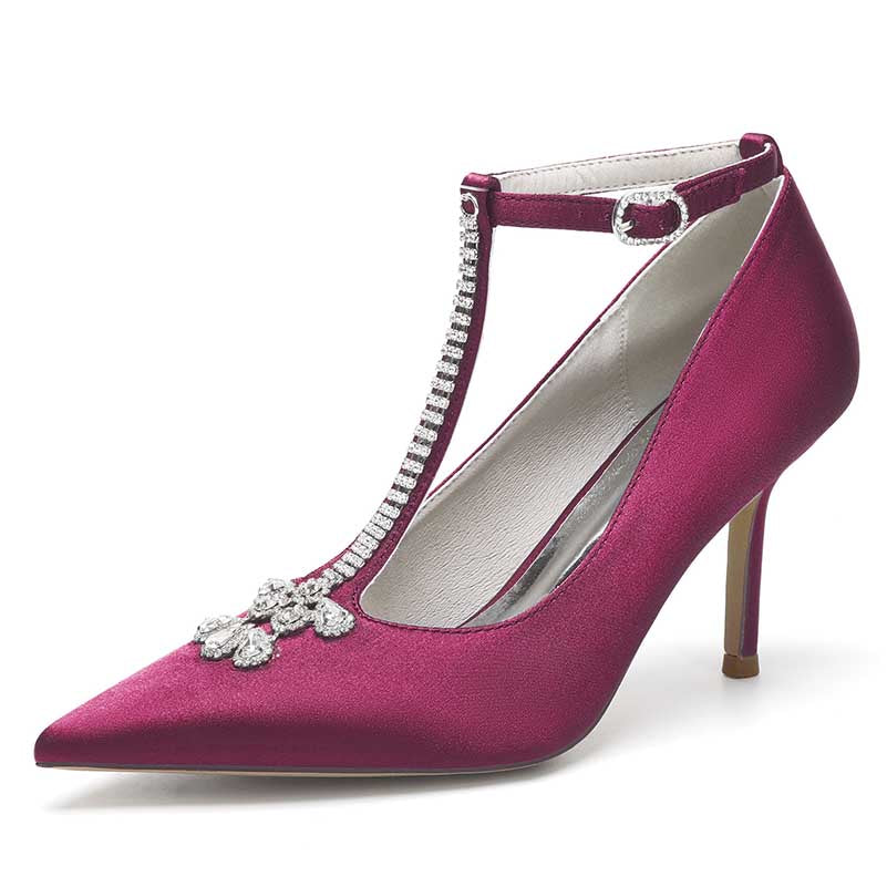 3.35" Point Toe Heels Wedding Shoes Crystal T-Strap Dress Shoes