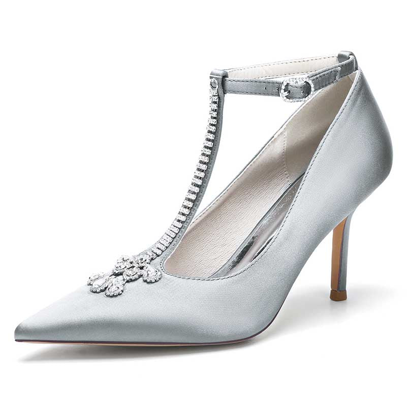 3.35" Point Toe Heels Wedding Shoes Crystal T-Strap Dress Shoes