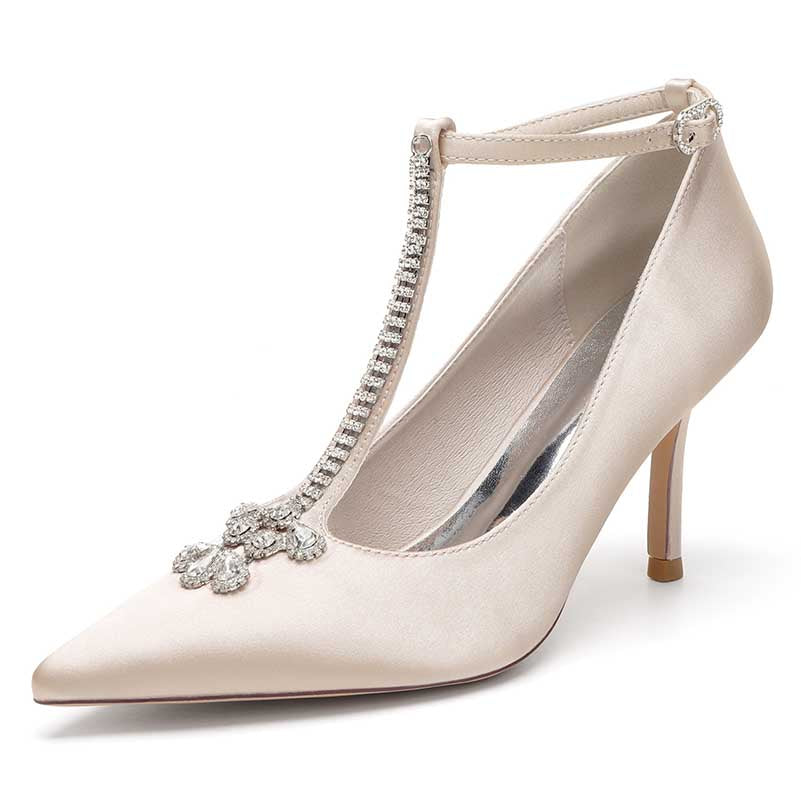 3.35" Point Toe Heels Wedding Shoes Crystal T-Strap Dress Shoes