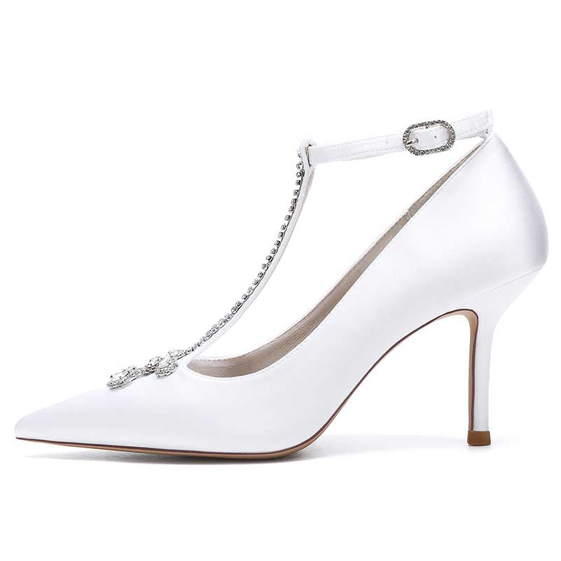 3.35" Point Toe Heels Wedding Shoes Crystal T-Strap Dress Shoes