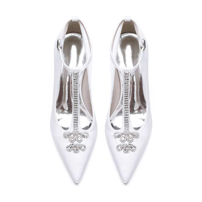 3.35" Point Toe Heels Wedding Shoes Crystal T-Strap Dress Shoes