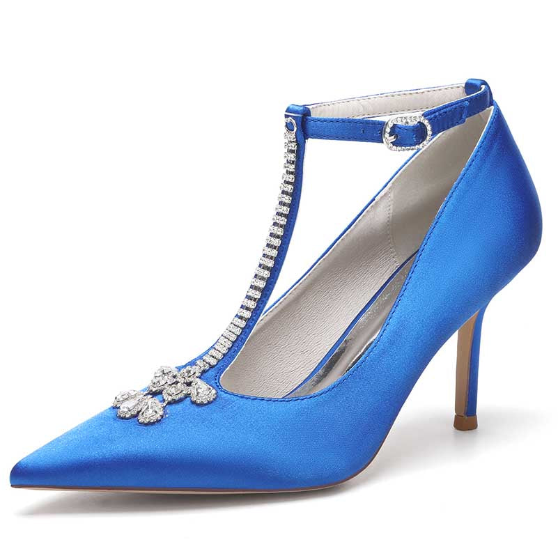 3.35" Point Toe Heels Wedding Shoes Crystal T-Strap Dress Shoes