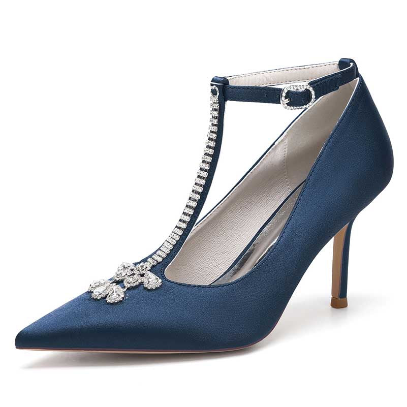 3.35" Point Toe Heels Wedding Shoes Crystal T-Strap Dress Shoes