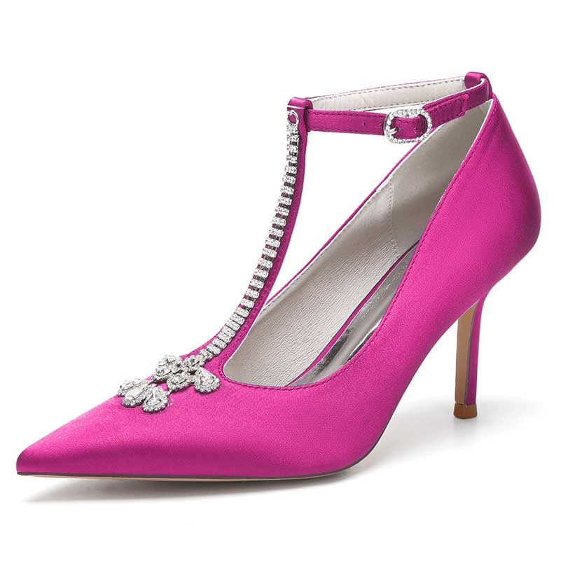 3.35" Point Toe Heels Wedding Shoes Crystal T-Strap Dress Shoes