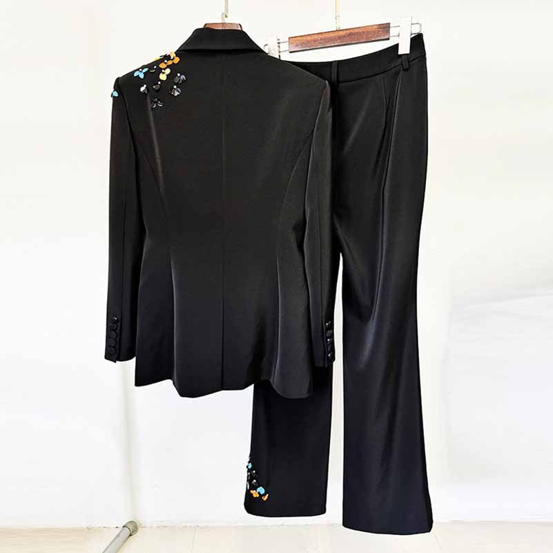 Sequin Embellished Pantsuit Black Slim Fit Suit For Formal Event