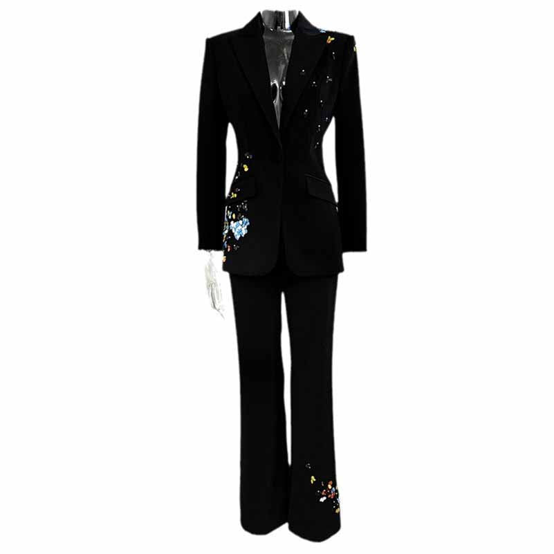 Sequin Embellished Pantsuit Black Slim Fit Suit For Formal Event