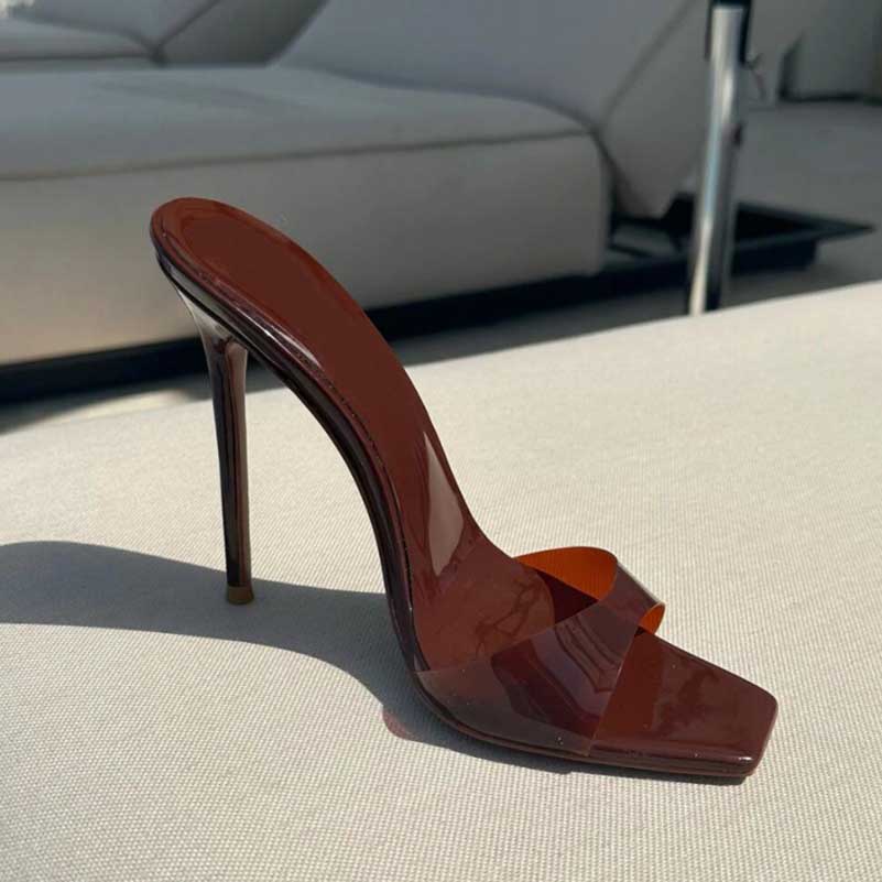 Square Toe High Heel Mules in Brown