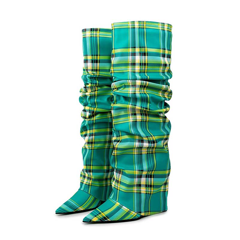Women's Checked & Geometric Print OTK Boots | 2.36" Wedge Heel