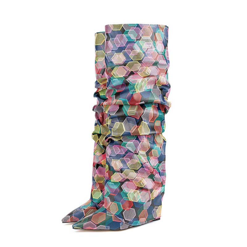 Women's Checked & Geometric Print OTK Boots | 2.36" Wedge Heel