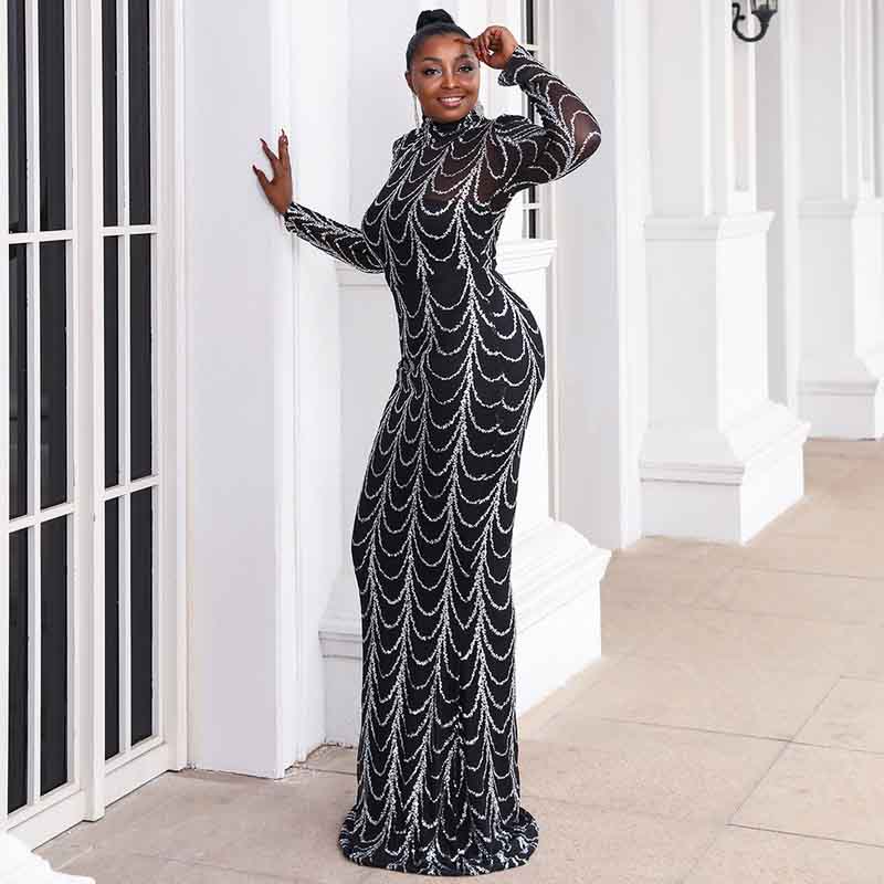 Women Plus Size Black Sequin Evening Dresses Long Formal Maxi Dresses