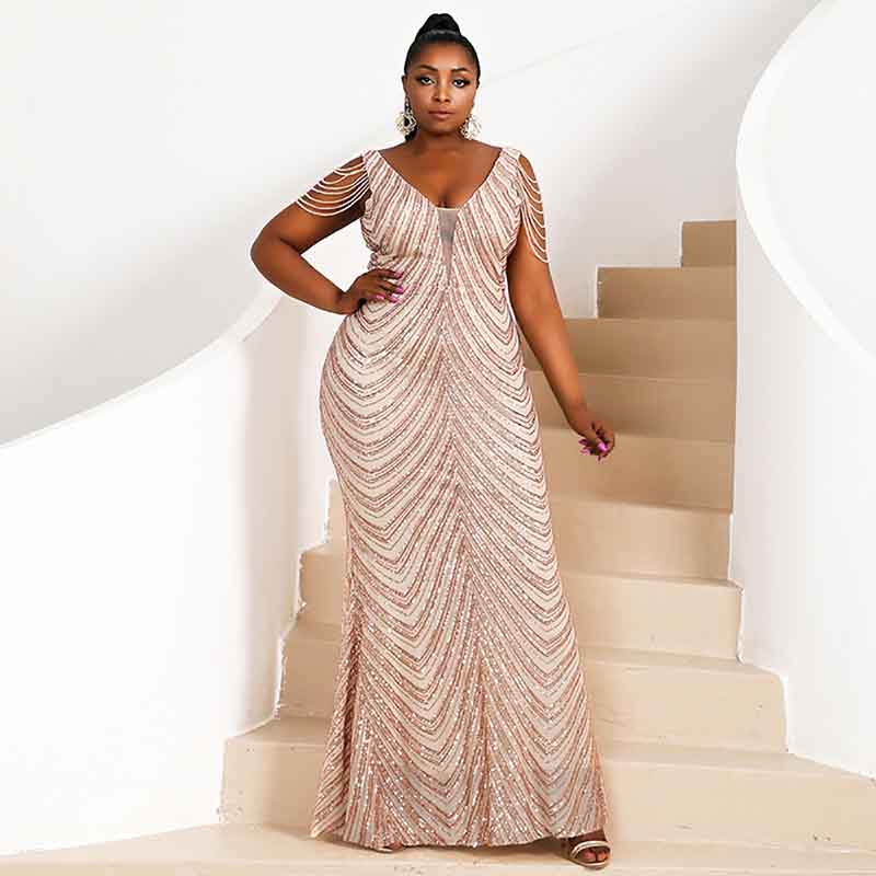 Plus Size Ball Gown Halter Sequin Tassel Sleeveless Maxi Prom Dress