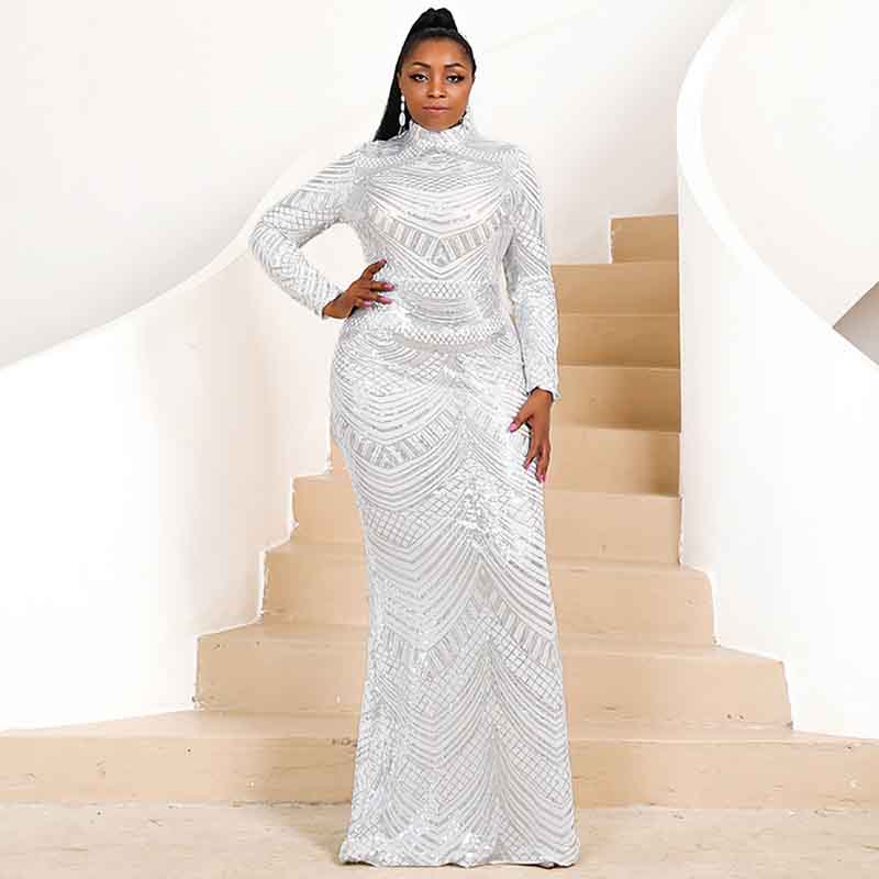 Women Plus Size Long Sleeve Sequin Gown Female Maxi Elegant Dress