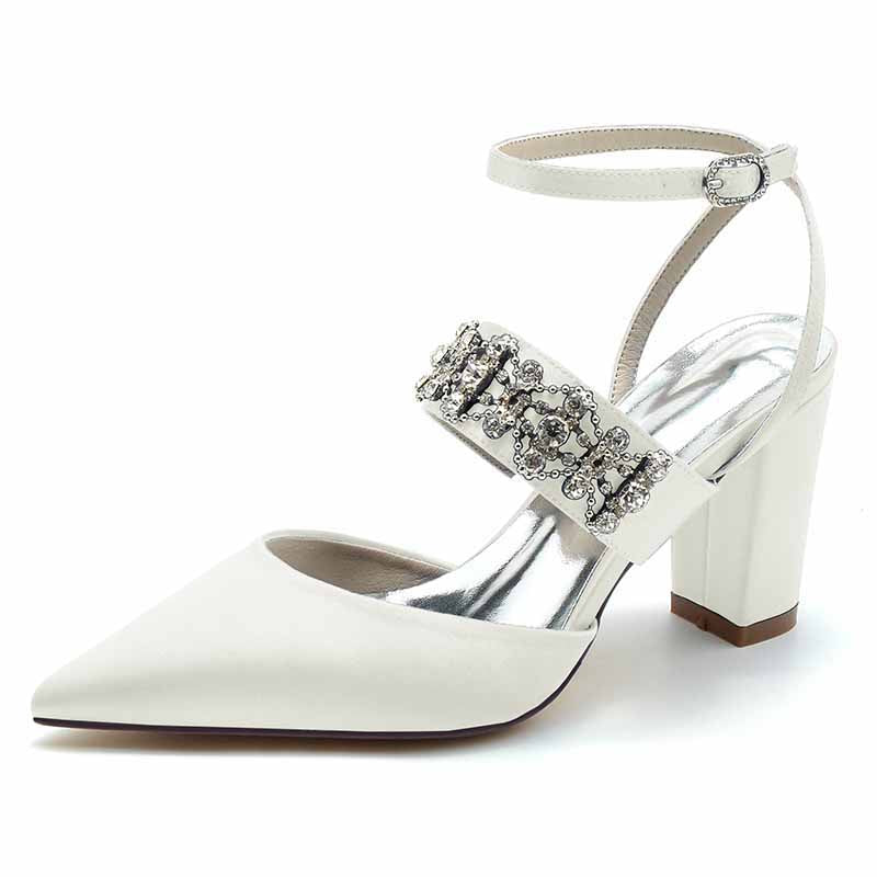 3.35" Satin Wedding Shoes Beaded Ankle Strap Dress Heels