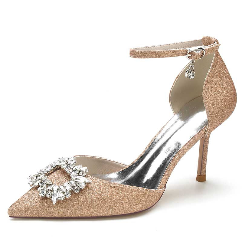 Pointed Toe Rhinestone Pumps Glitter Ankle Strap Wedding Shoes