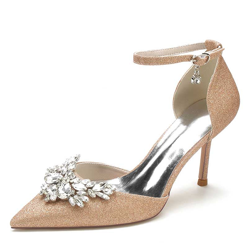 Women's Pointed Toe Rhinestone Pumps Glitter Ankle Strap Wedding Bridal Shoes