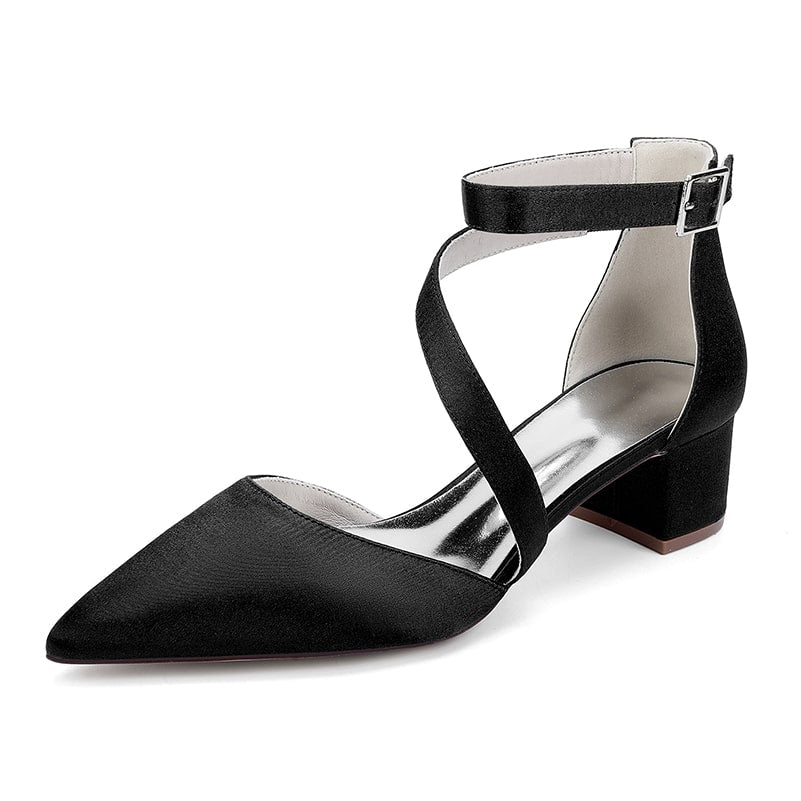 Satin Wedding Shoes Chunky Heel Bridal Heels Crossing Straps Dress Shoes