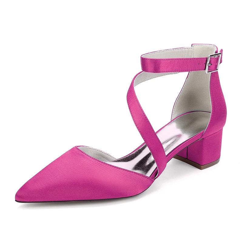 Satin Wedding Shoes Chunky Heel Bridal Heels Crossing Straps Dress Shoes