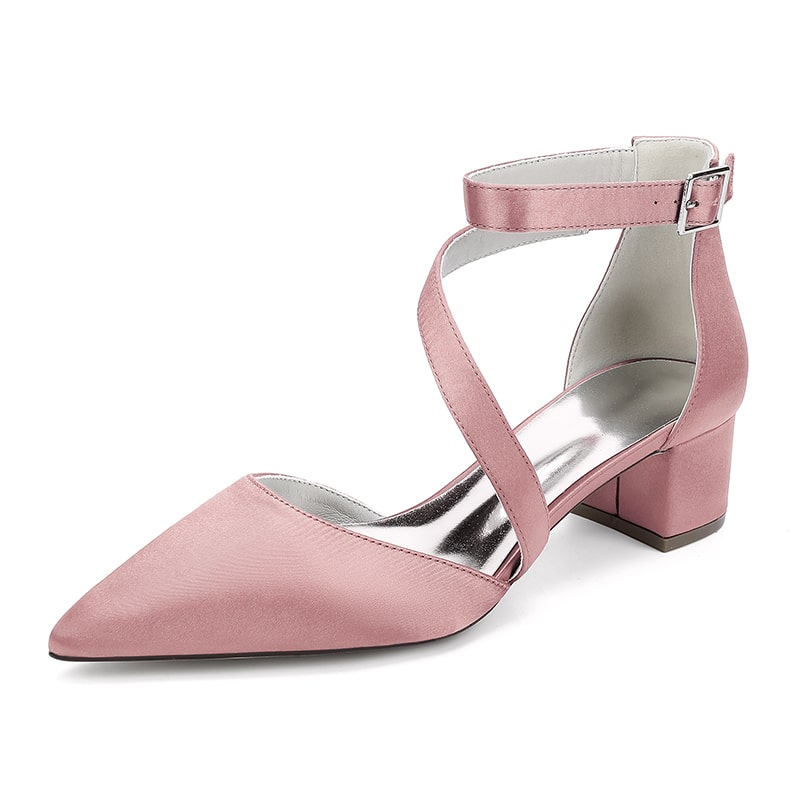 Satin Wedding Shoes Chunky Heel Bridal Heels Crossing Straps Dress Shoes