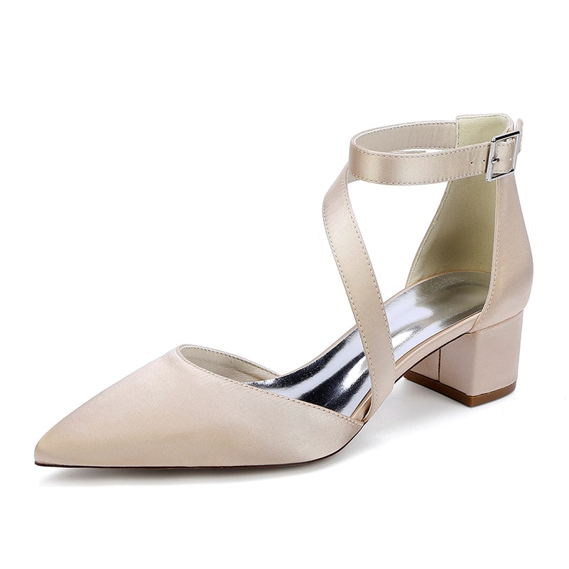 Satin Wedding Shoes Chunky Heel Bridal Heels Crossing Straps Dress Shoes