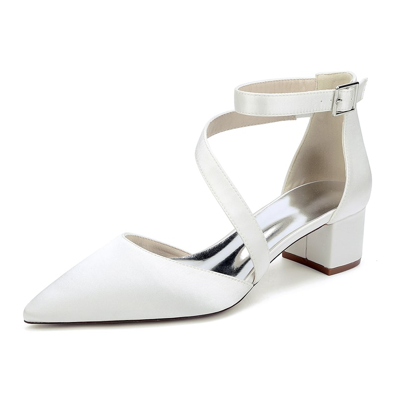 Satin Wedding Shoes Chunky Heel Bridal Heels Crossing Straps Dress Shoes