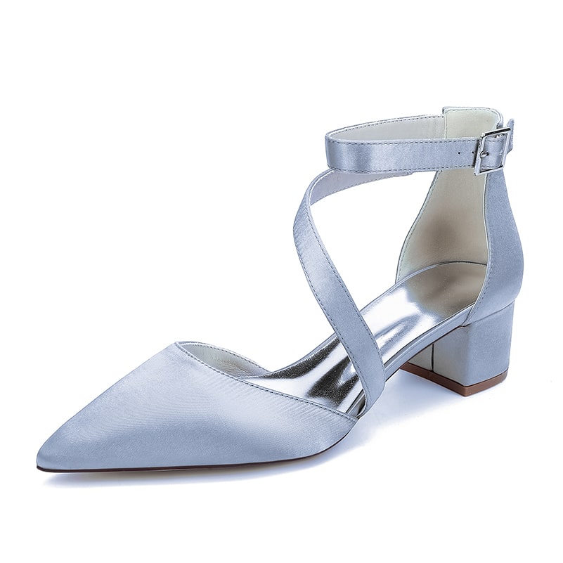 Satin Wedding Shoes Chunky Heel Bridal Heels Crossing Straps Dress Shoes