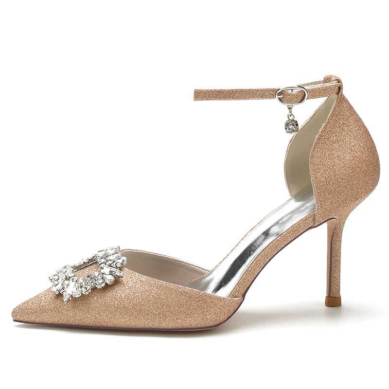 Pointed Toe Rhinestone Pumps Glitter Ankle Strap Wedding Shoes