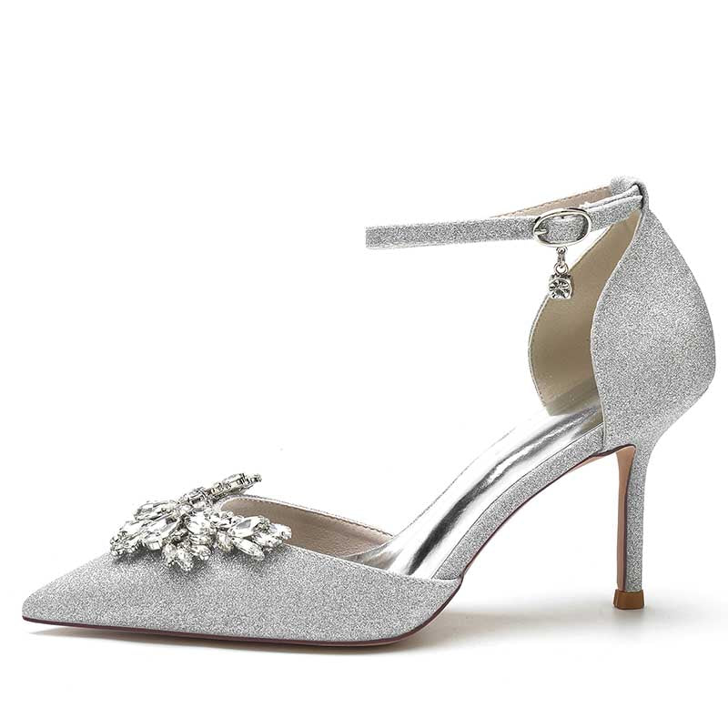 Women's Pointed Toe Rhinestone Pumps Glitter Ankle Strap Wedding Bridal Shoes