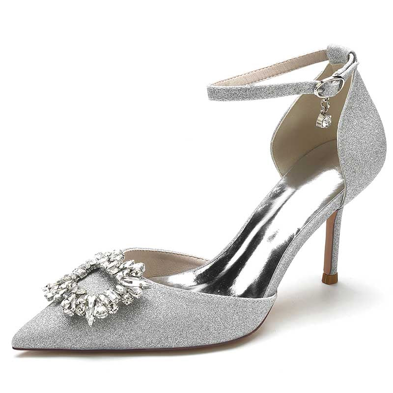 Pointed Toe Rhinestone Pumps Glitter Ankle Strap Wedding Shoes