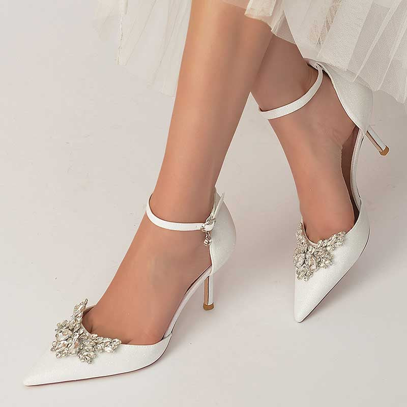 Women's Pointed Toe Rhinestone Pumps Glitter Ankle Strap Wedding Bridal Shoes