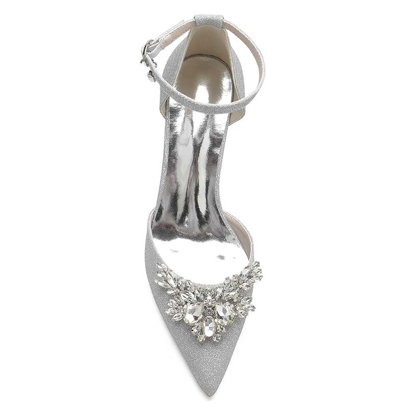 Women's Pointed Toe Rhinestone Pumps Glitter Ankle Strap Wedding Bridal Shoes