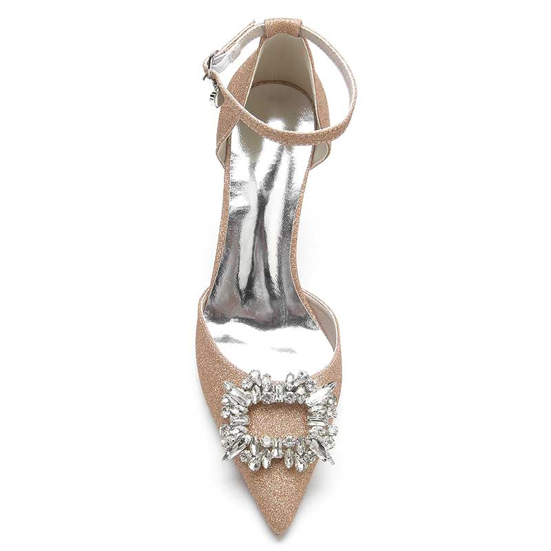 Pointed Toe Rhinestone Pumps Glitter Ankle Strap Wedding Shoes