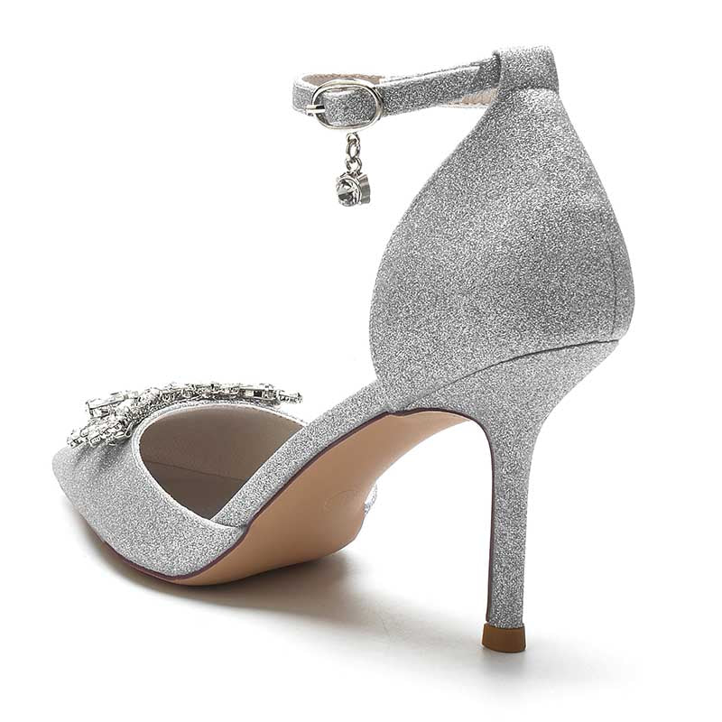 Women's Pointed Toe Rhinestone Pumps Glitter Ankle Strap Wedding Bridal Shoes