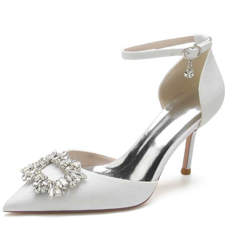 Pointed Toe Rhinestone Pumps Glitter Ankle Strap Wedding Shoes