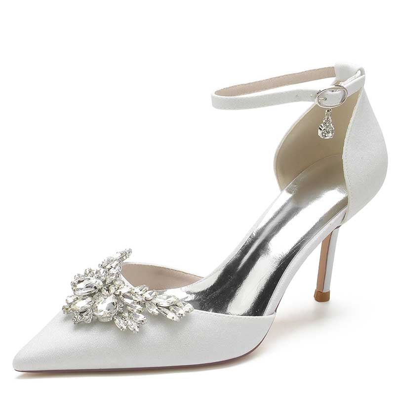 Women's Pointed Toe Rhinestone Pumps Glitter Ankle Strap Wedding Bridal Shoes