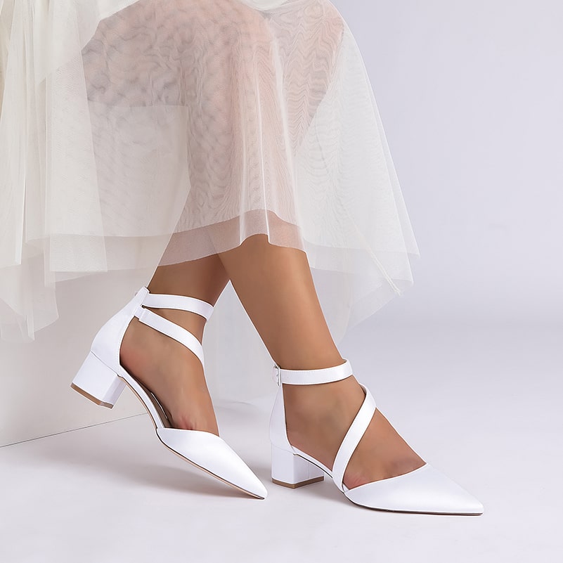 Satin Wedding Shoes Chunky Heel Bridal Heels Crossing Straps Dress Shoes