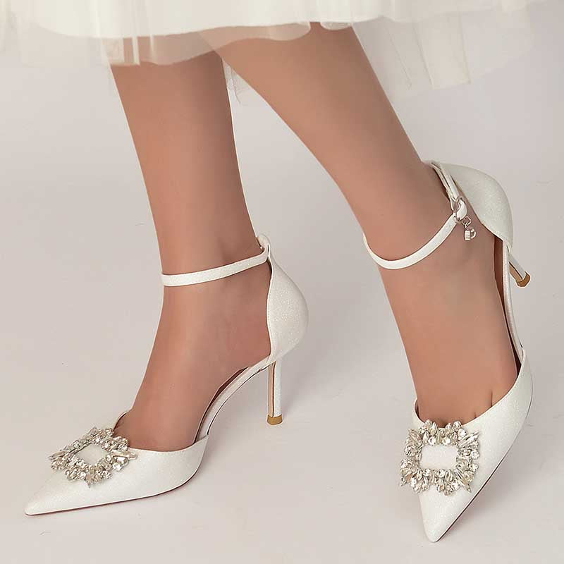 Pointed Toe Rhinestone Pumps Glitter Ankle Strap Wedding Shoes