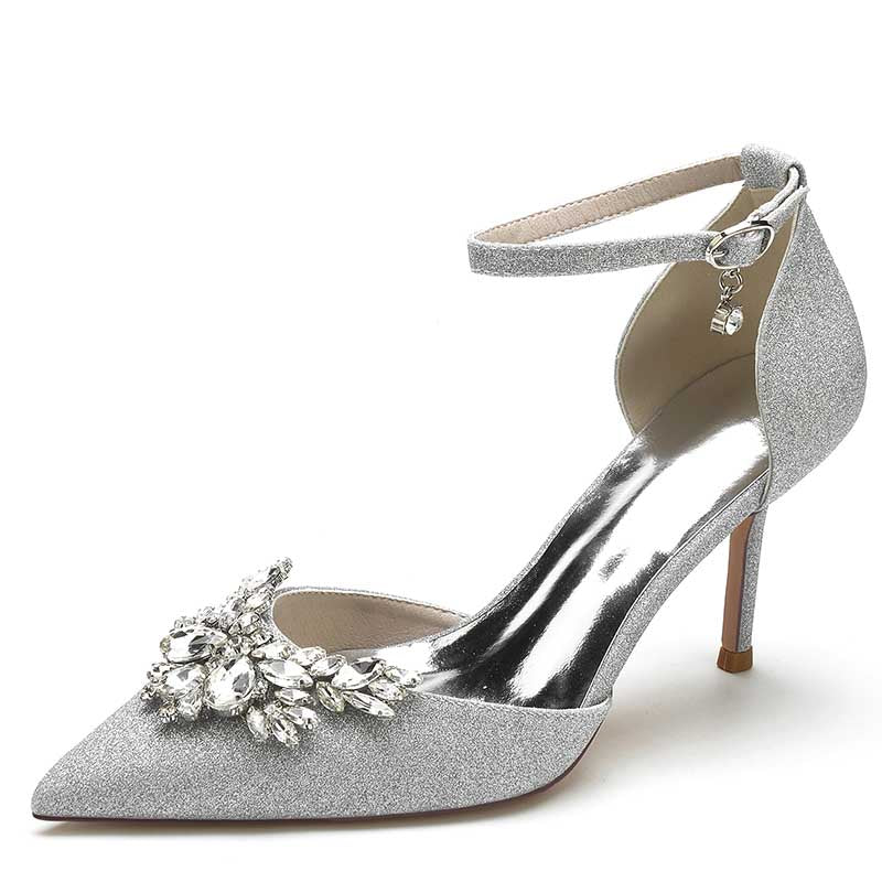 Women's Pointed Toe Rhinestone Pumps Glitter Ankle Strap Wedding Bridal Shoes