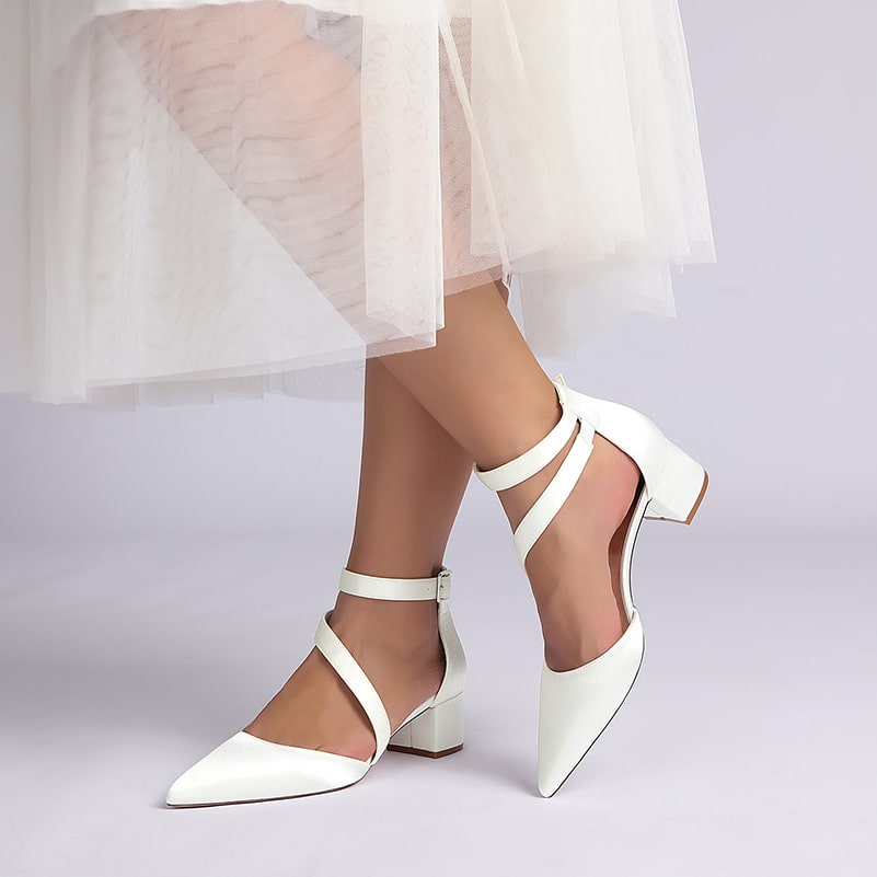 Satin Wedding Shoes Chunky Heel Bridal Heels Crossing Straps Dress Shoes