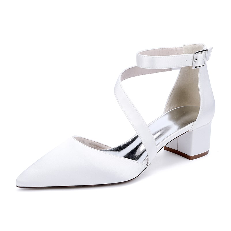 Satin Wedding Shoes Chunky Heel Bridal Heels Crossing Straps Dress Shoes