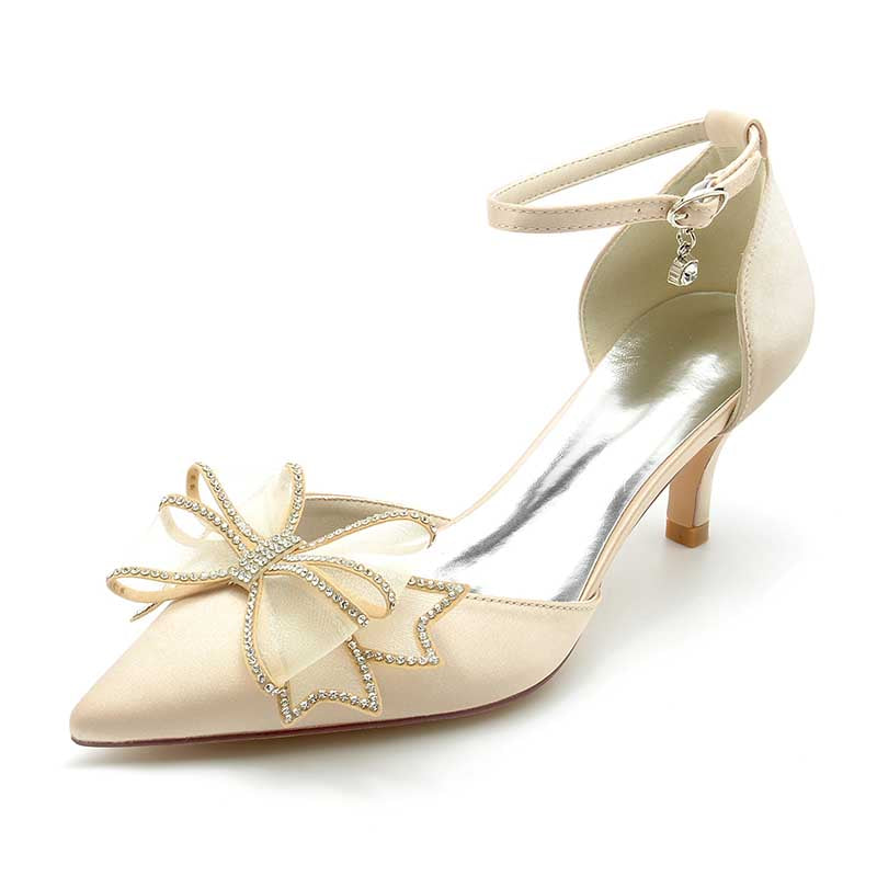 2.36" Pointed Toe Pumps Satin Ankle Stripe Bridal Shoes with Bow Detail