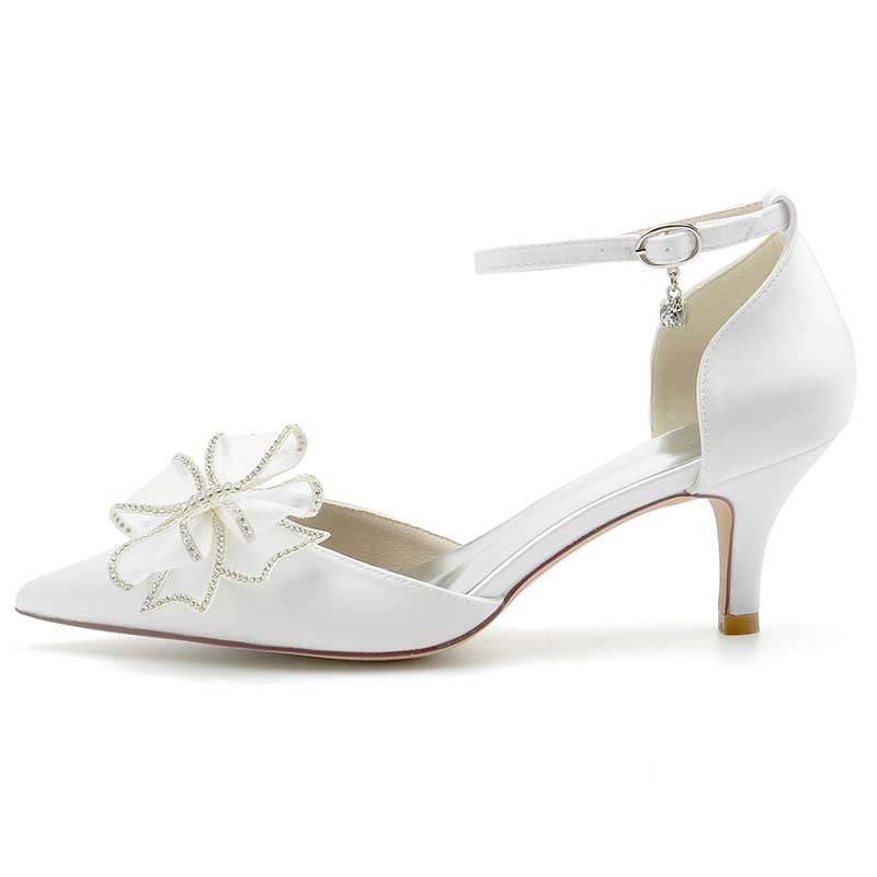2.36" Pointed Toe Pumps Satin Ankle Stripe Bridal Shoes with Bow Detail