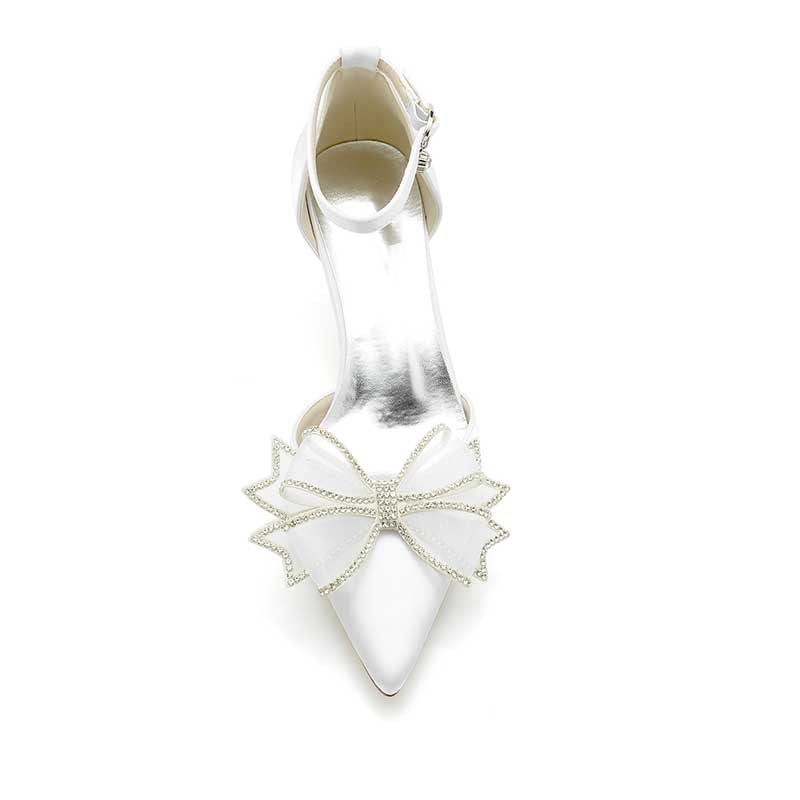 2.36" Pointed Toe Pumps Satin Ankle Stripe Bridal Shoes with Bow Detail