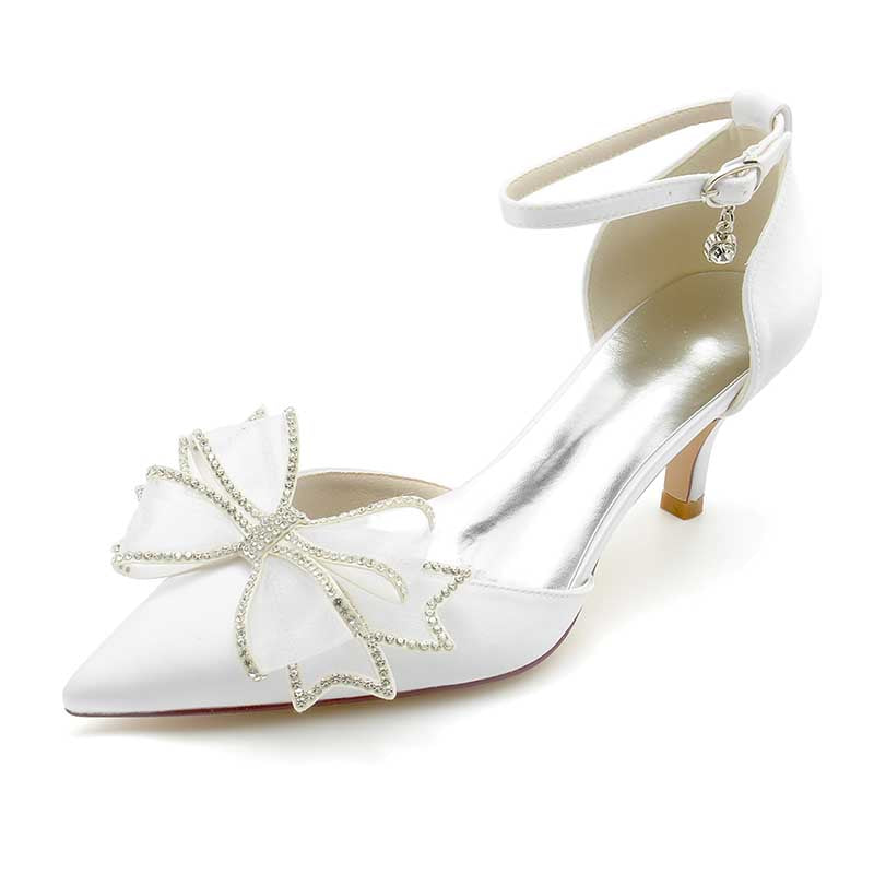 2.36" Pointed Toe Pumps Satin Ankle Stripe Bridal Shoes with Bow Detail