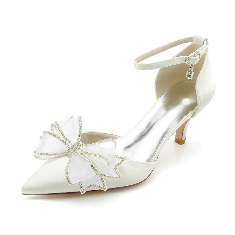 2.36" Pointed Toe Pumps Satin Ankle Stripe Bridal Shoes with Bow Detail