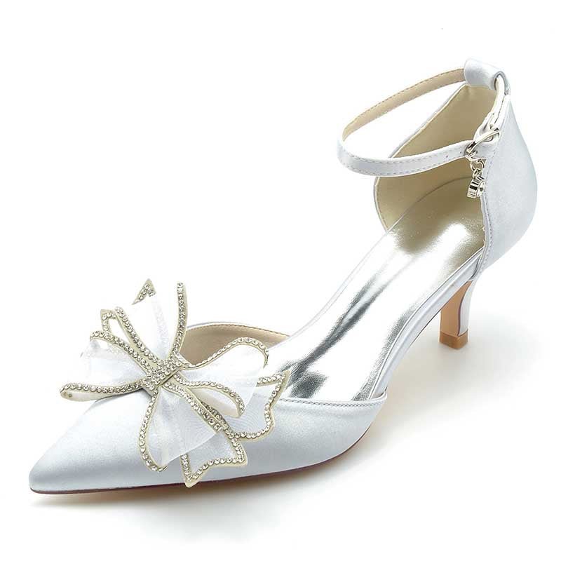 2.36" Pointed Toe Pumps Satin Ankle Stripe Bridal Shoes with Bow Detail