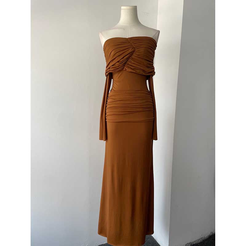 Off Shoulder Ruch Maxi Dress With Sleeves for Women