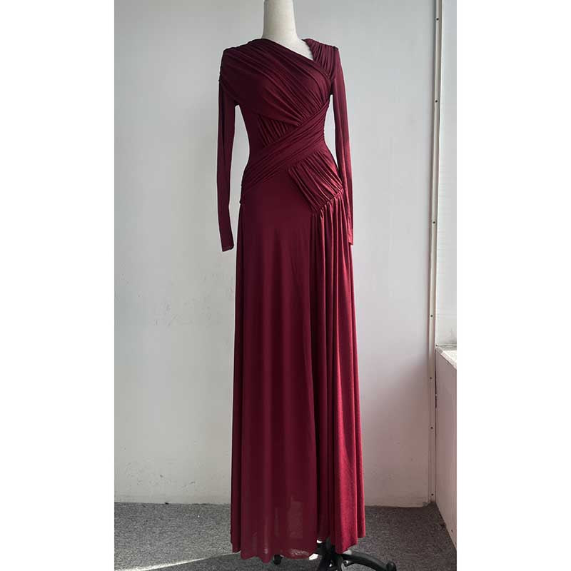 Asymmetric Long Sleeve Maxi Dress with Ruffles for Women in burgundy color, featuring long sleeves and elegant ruffle design.