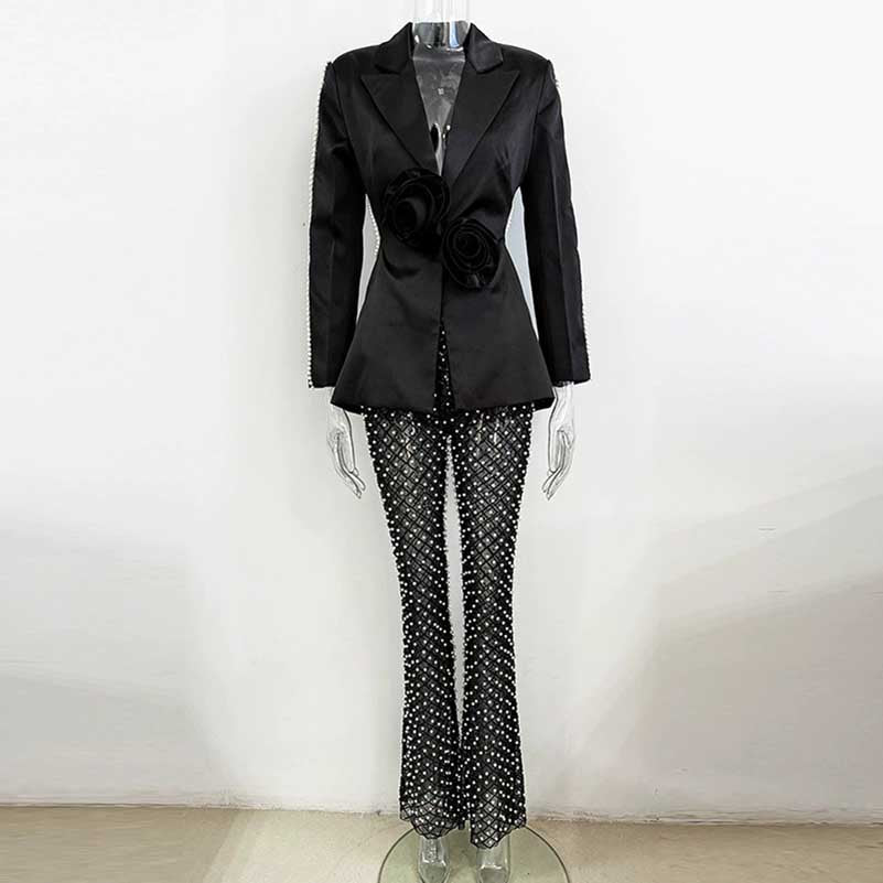 Wedding Suit Flower Pearls Detail Slim Fit Suit