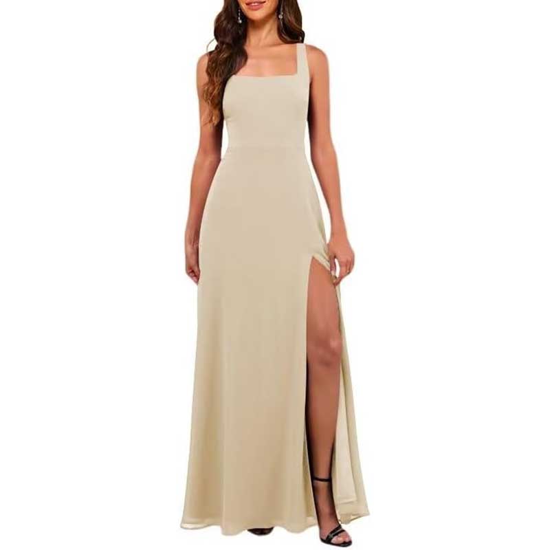 Elegant beige chiffon bridesmaid dress with high split and square neckline sleeveless design