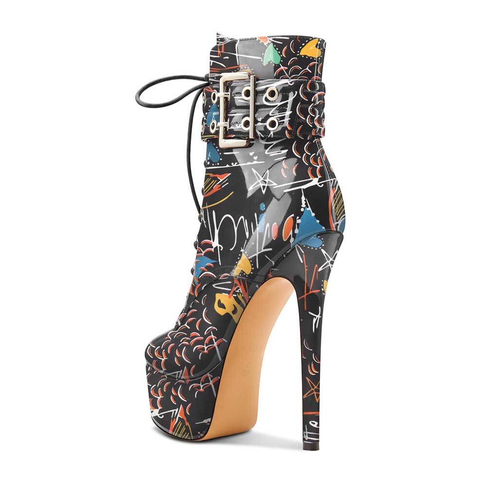 Black multi-color platform pumps ankle boots with high stiletto heel and decorative buckle